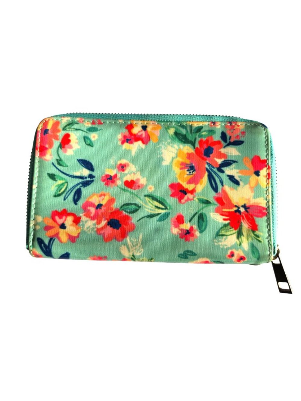 Wander Wallets Aqua Floral Coated Canvas Zip Around Wallet Organizer - Picture 2 of 4